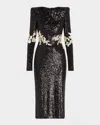 Naeem Khan Floral Applique Stretch Sequined Strong-shoulder Midi Dress