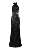 Naeem Khan Floral-appliquéd Stretch Sequined Gown In Black