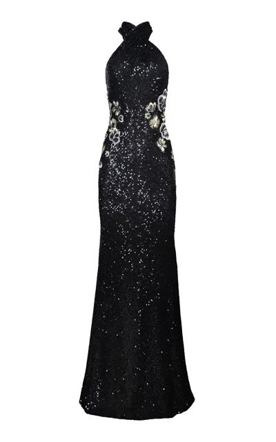 Naeem Khan Floral-appliquéd Stretch Sequined Gown In Black