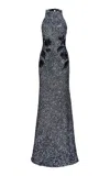 Naeem Khan Floral-appliquéd Stretch Sequined Gown In Black,white