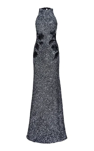 Naeem Khan Floral-appliquéd Stretch Sequined Gown In Black,white