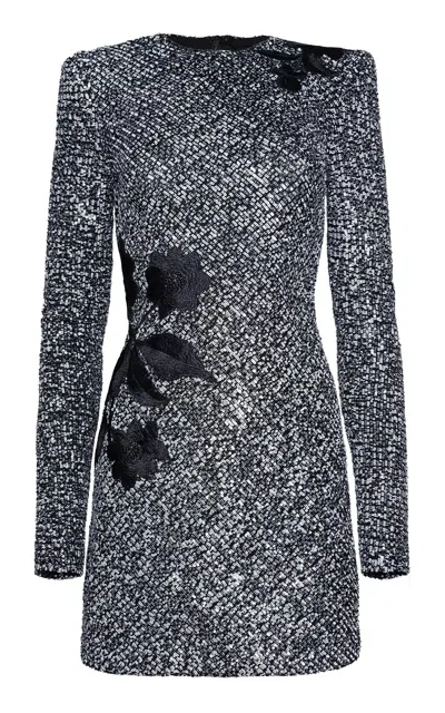 Naeem Khan Floral-appliquéd Stretch Sequined Mini Dress In Black,white
