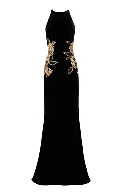 Naeem Khan Floral-appliquéd Velvet Gown In Black