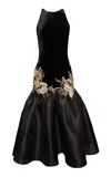 Naeem Khan Floral-appliquéd Velvet-satin Midi Dress In Black