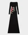 Naeem Khan Floral Beaded Crepe Long-sleeve Trumpet Gown