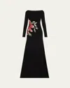 Naeem Khan Floral Beaded Crepe Long-sleeve Trumpet Gown