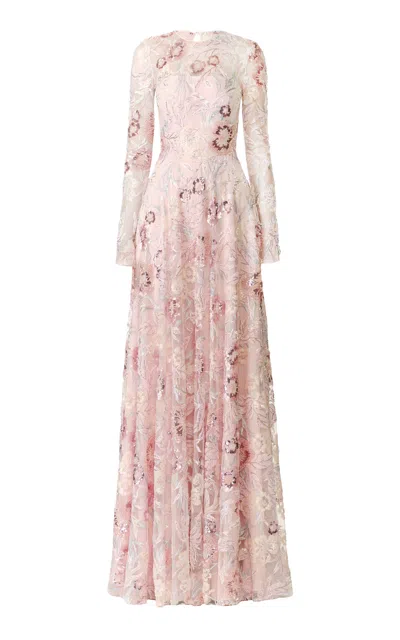 Naeem Khan Floral Beaded Gown In Pink