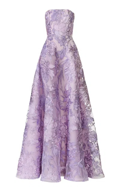 Naeem Khan Floral Bustier Metallic Raffia Gown In Purple