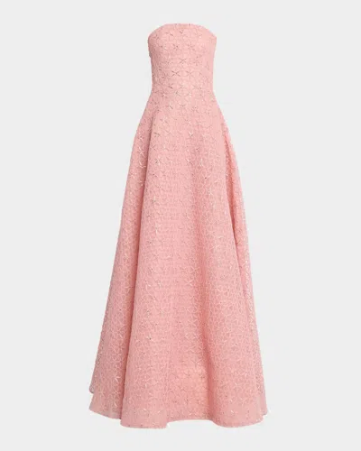 Naeem Khan Floral Cording Strapless A-line Gown In Pink