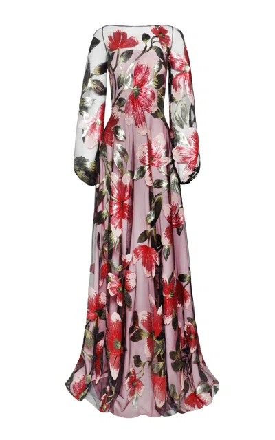 Naeem Khan Floral Embellished Blouson Sleeve Tulle Midi Dress In Multi