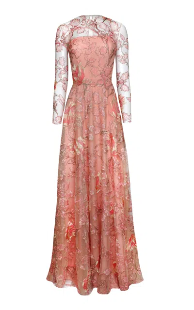 Naeem Khan Floral-embellished Crepe Illusion Gown In Pink