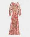 Naeem Khan Floral Embroidered Blouson-sleeve Gown In Pink Multi