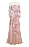 Naeem Khan Floral Embroidered Illusion Gown In Pink