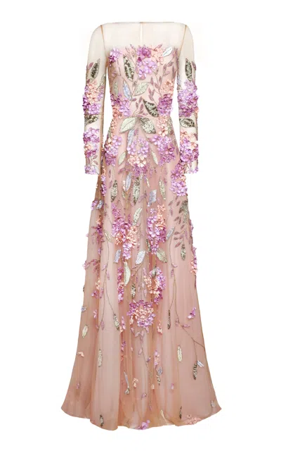 Naeem Khan Floral Embroidered Illusion Gown In Pink