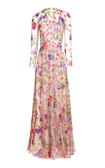 Naeem Khan Floral Embroidered Illusion Tulle-blend Gown In Multi