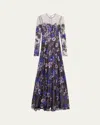 Naeem Khan Floral-embroidered Long-sleeve Illusion Gown In Lilac Cobalt