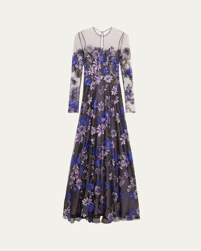 Naeem Khan Floral-embroidered Long-sleeve Illusion Gown In Lilac Cobalt