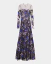 Naeem Khan Floral-embroidered Long-sleeve Illusion Gown In Lilac Cobalt