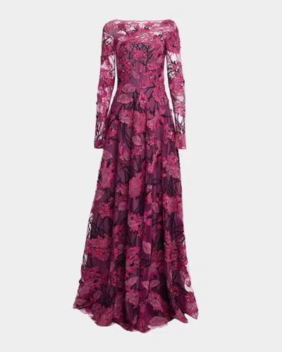 Naeem Khan Floral Embroidered Long-sleeve Illusion Gown In Pink