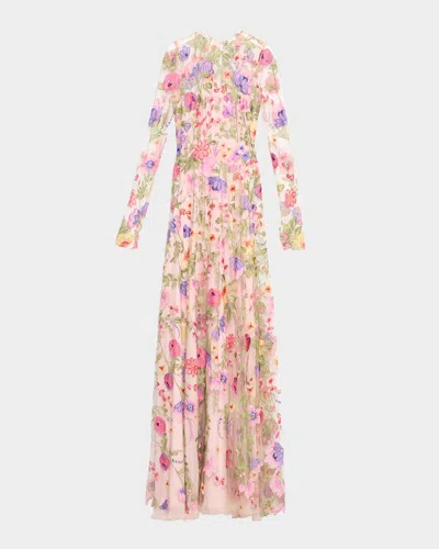 Naeem Khan Floral Embroidered Long-sleeve Illusion Gown In Multi