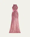 Naeem Khan Floral Embroidered Ombre Sequin Halter Gown In Pink