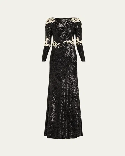 Naeem Khan Floral Embroidered Sequined Trumpet Gown