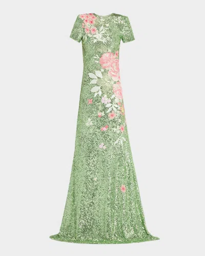 Naeem Khan Floral Embroidered Short-sleeve Sequined Gown In Green