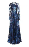 Naeem Khan Floral Illusion Chiffon Gown In Blue