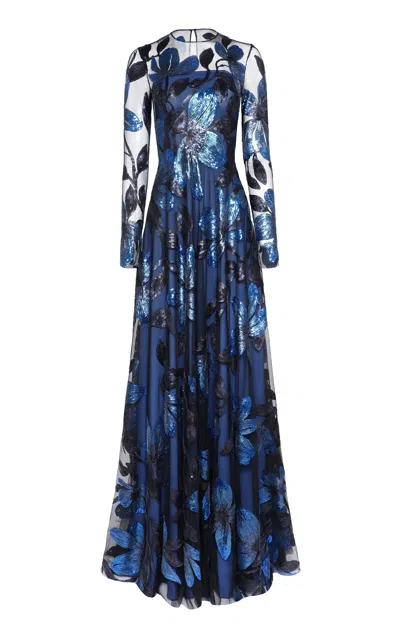 Naeem Khan Floral Illusion Chiffon Gown In Blue