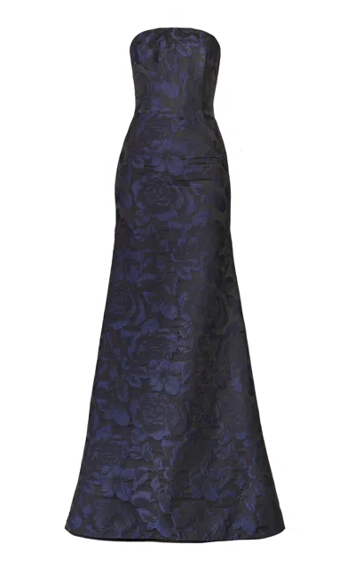 Naeem Khan Floral Jacquard Bustier Strapless Fit-and-flare Gown In Blue