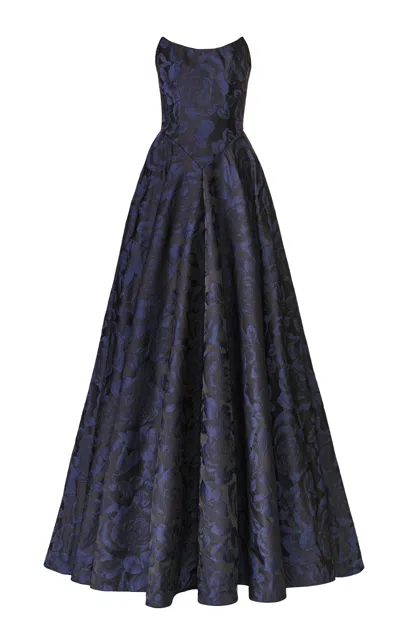 Naeem Khan Floral Jacquard Bustier Strapless Gown In Blue
