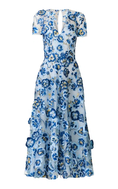Naeem Khan Floral Lace Cocktail Midi Dress In Blue