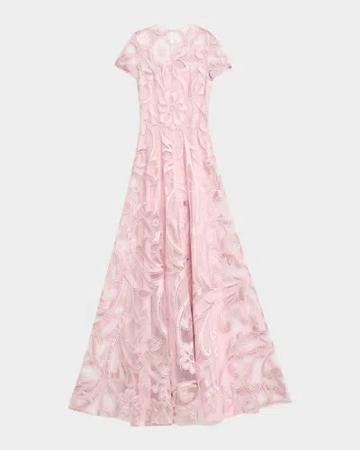Naeem Khan Floral Lace Cutout Matte Satin Short-sleeve Gown In Pink