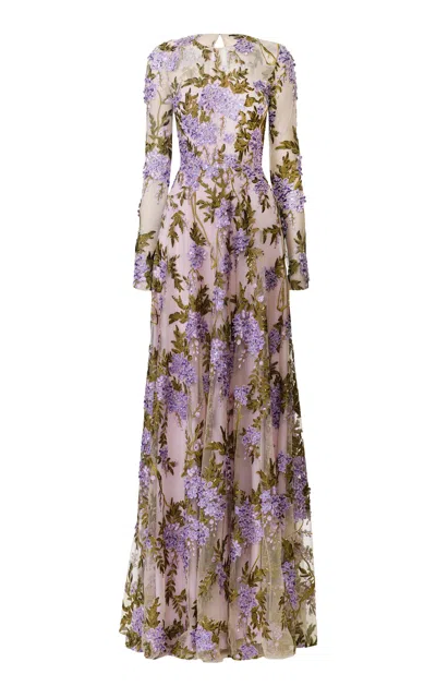 Naeem Khan Floral Lace Gown In Purple