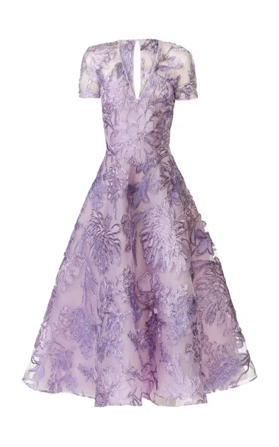 Naeem Khan Floral Metallic Raffia Midi Dress In Purple