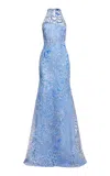 Naeem Khan Floral Organza Gown In Light Blue