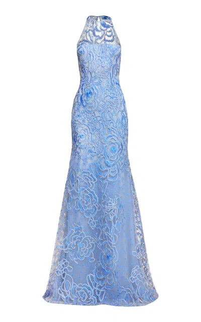 Naeem Khan Floral Organza Gown In Light Blue