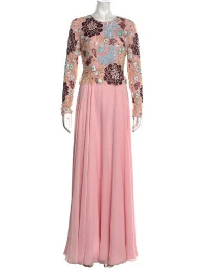 Pre-owned Naeem Khan Floral Print Long Dress In Pink