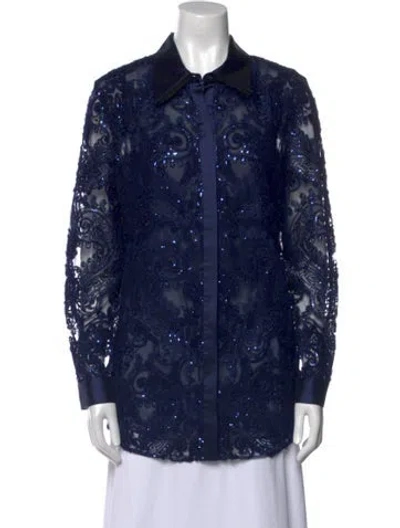 Pre-owned Naeem Khan Floral Print Long Sleeve Button-up Top In Blue