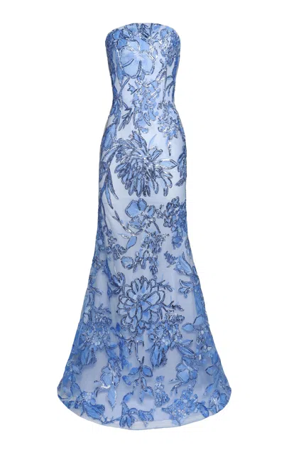 Naeem Khan Floral Raffia Draped Tulle-blend Gown In Blue