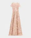 Naeem Khan Floral Raffia Embroidered Tulle Short-sleeve Gown In Multi