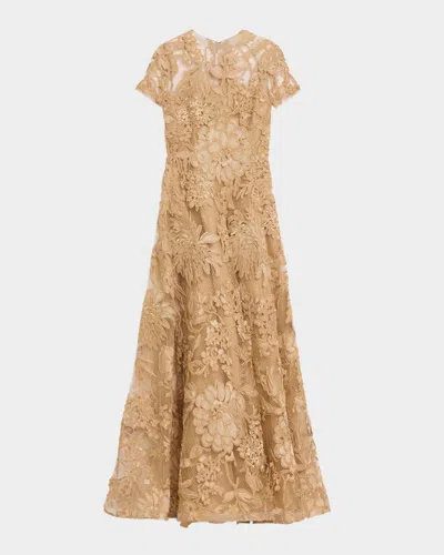 Naeem Khan Floral Raffia Short-sleeve Gown In Beige Gold