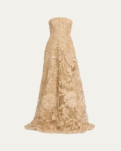 Naeem Khan Floral Raffia Strapless Gown In Multi
