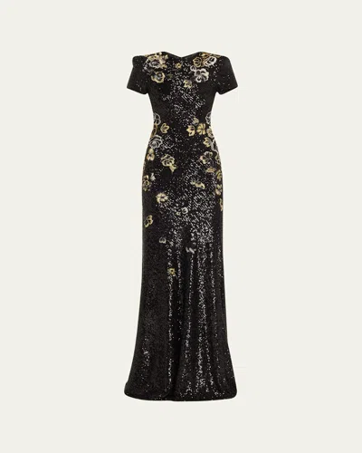 Naeem Khan Floral Sequined Gown In Blackgold