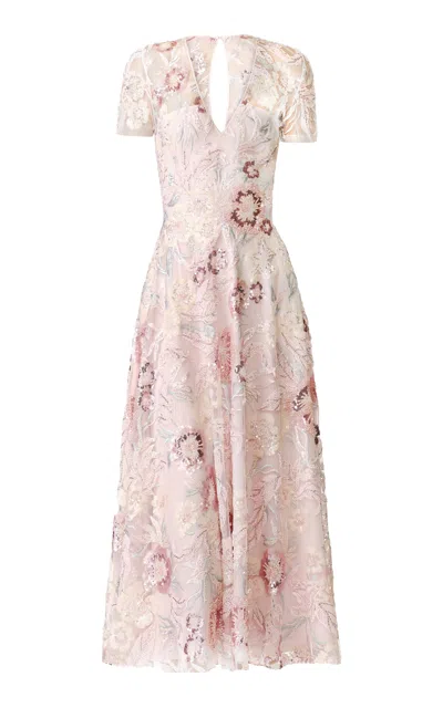 Naeem Khan Floral V-neck Beaded Midi Dress In Pink