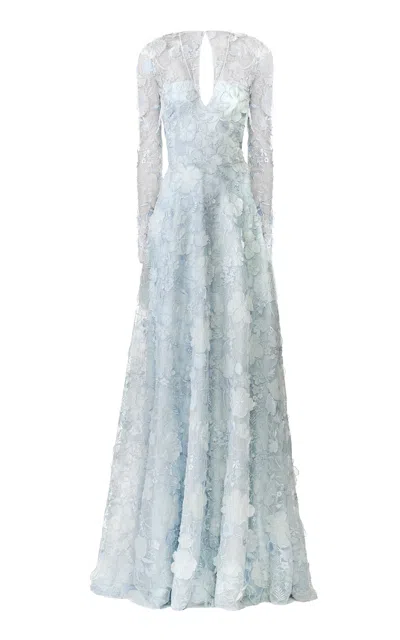 Naeem Khan Floral V-neck Lace Gown In Blue