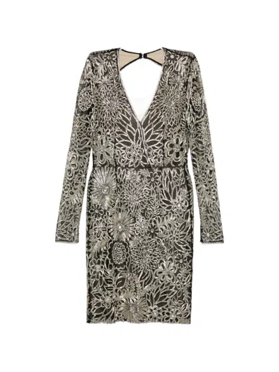 Naeem Khan Floral-beaded V-neck Dress In Black