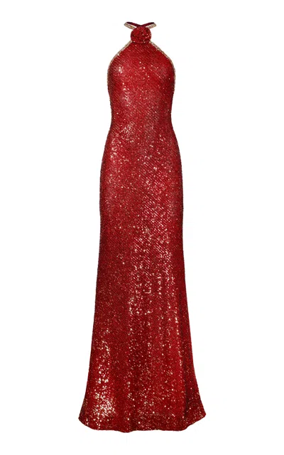 Naeem Khan Flower-detailed Stretch Sequined Gown In Red