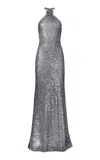 Shop Naeem Khan Flower-detailed Stretch Sequined Gown In Silver