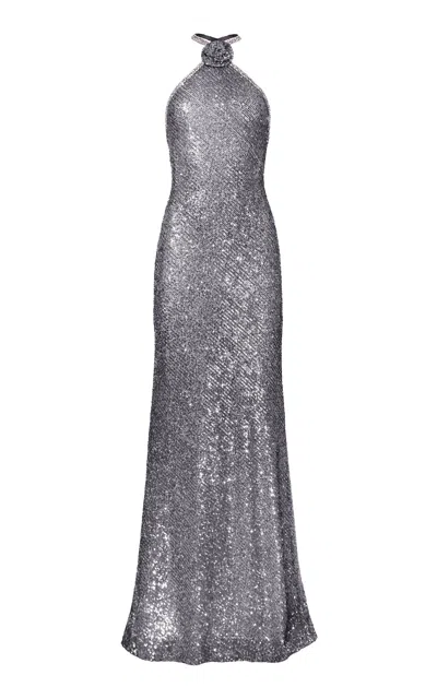 Shop Naeem Khan Flower-detailed Stretch Sequined Gown In Silver